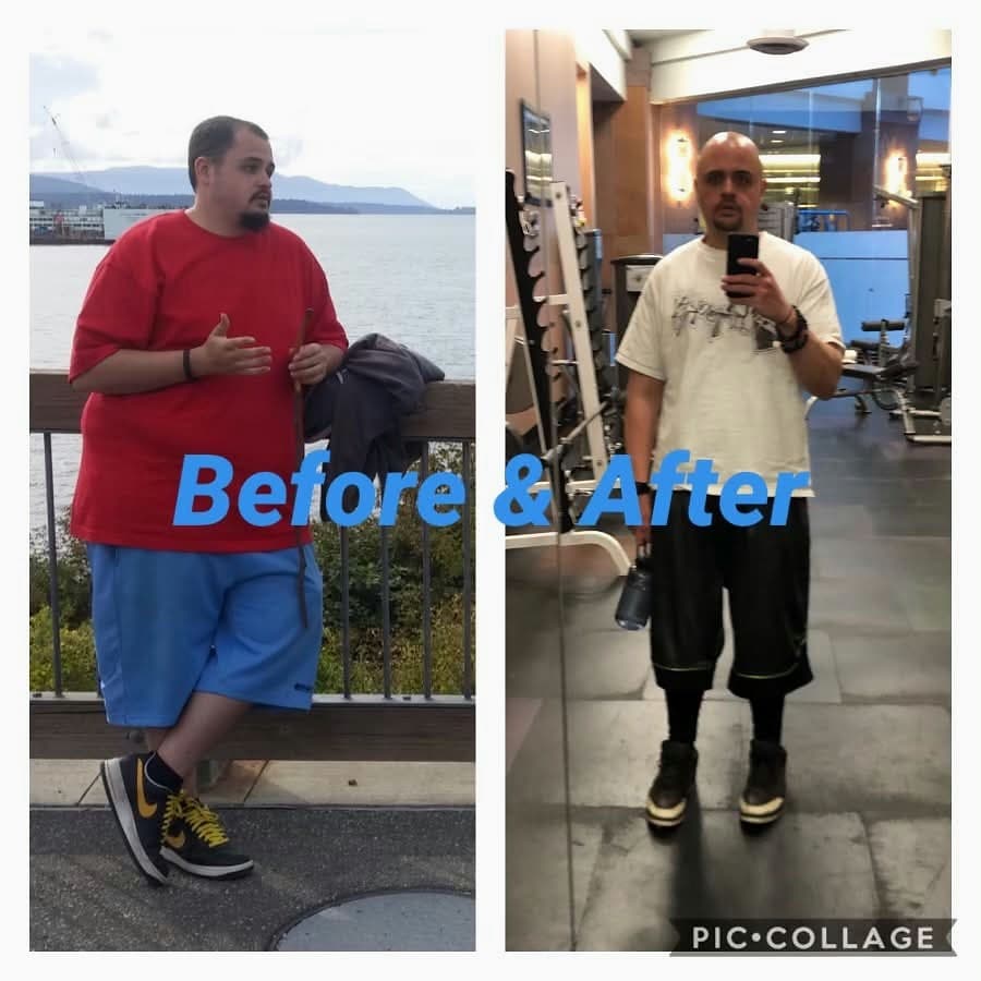 Side-by-side photographs of Bobby, a client, before and after training — noticeably leaner in the second picture.