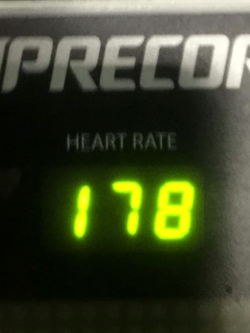 A treadmill console displaying a heart rate of 178 beats per minute.